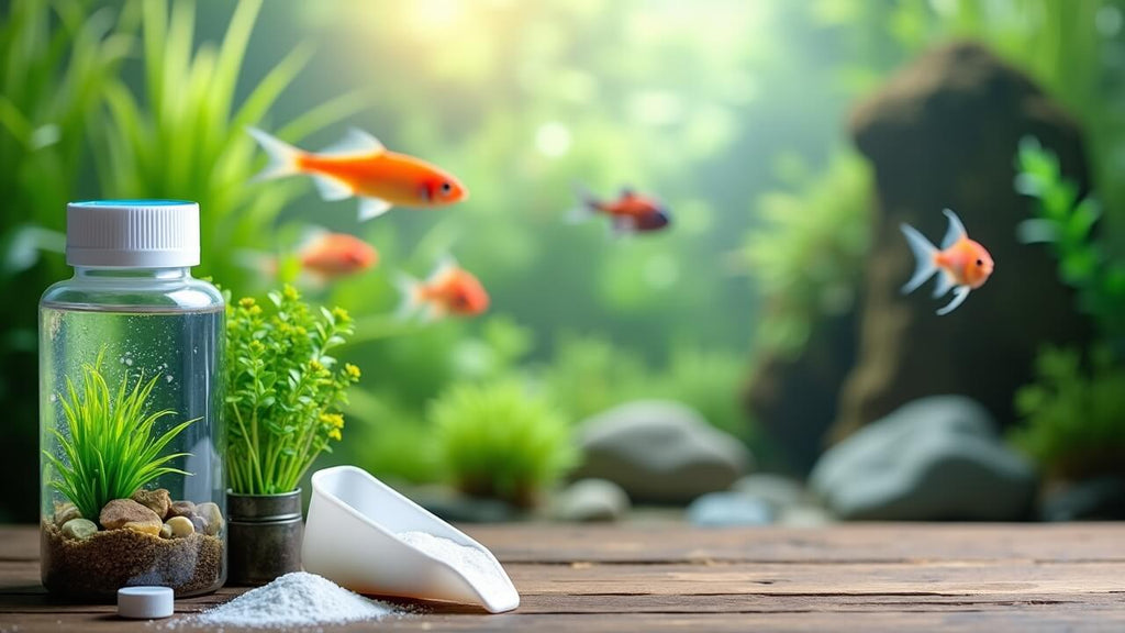 Aquarium setup showing medicine bottle, powder scoop, and water test kit, with healthy fish and plants, focusing on fluconazole for fish prevention.