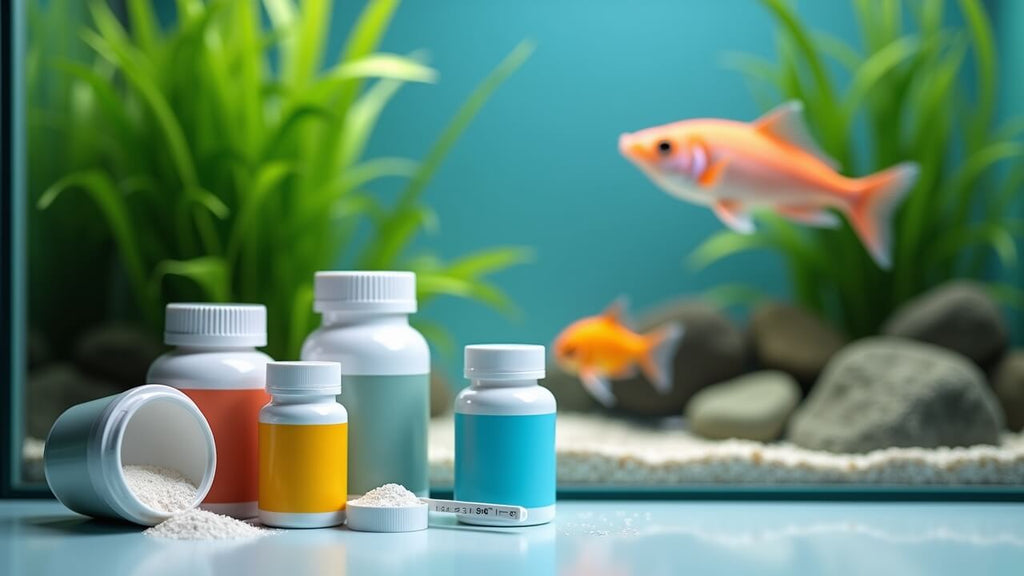 Medicines and antibiotic bottle beside a healthy aquarium with tropical fish and lush plants; penicillin for fish concept.