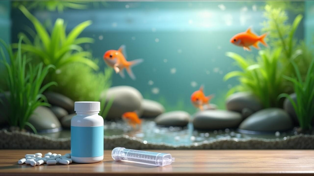 Aquarium aftercare with amoxicillin for fish: medicine bottle, water test kit, and healthy fish in a clean planted tank