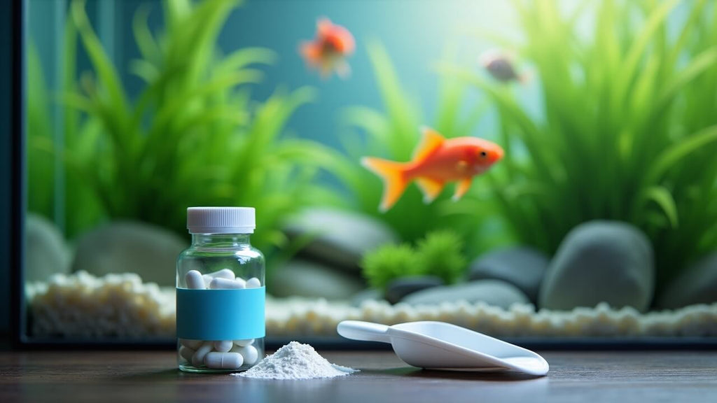 Amoxicillin capsules and powder on a table in front of a healthy, colorful aquarium, emphasizing fish medication for immunity.
