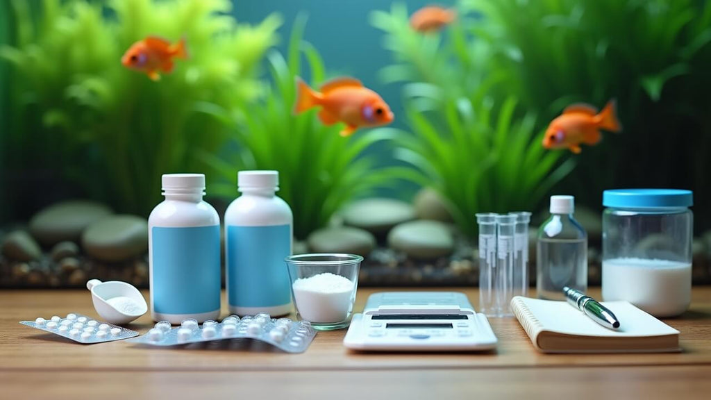 Toolkit for SMZ/TMP fish treatment with aquarium medications, scales, and test tubes beside a healthy aquarium scene.