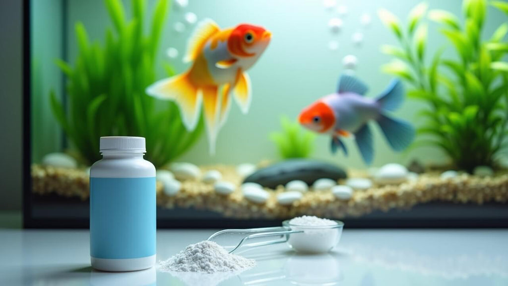 Photorealistic aquarium scene featuring koi, betta fish, and a cephalexin bottle for fish antibiotic treatment in a healthy tank.