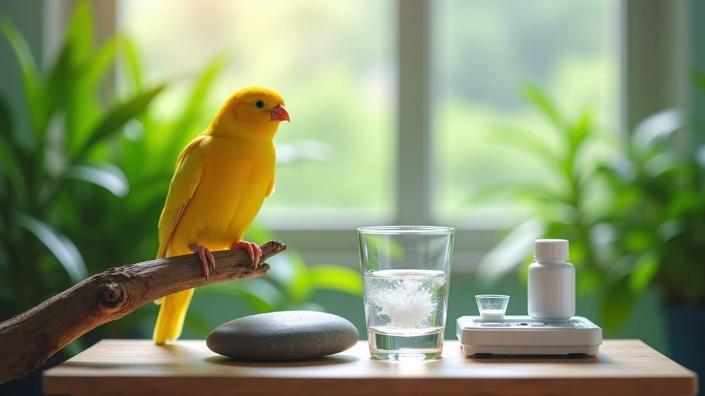 A photorealistic veterinary setup with azithromycin, clean cage, drinking water, and a healthy canary in natural light.