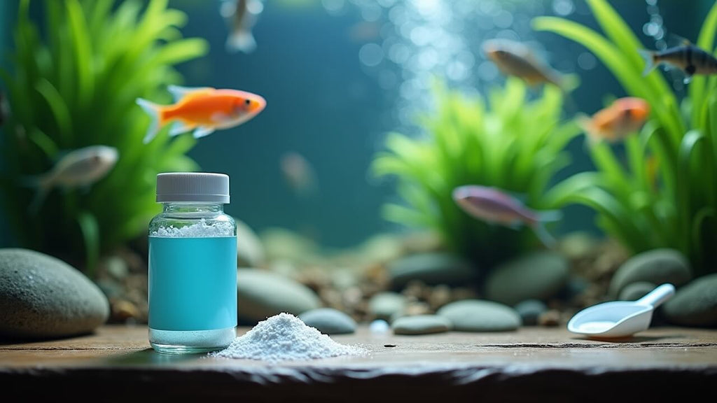 Photorealistic aquarium with healthy tropical fish, plants, a blue-labeled doxycycline bottle, and white powder for vibrant tanks.