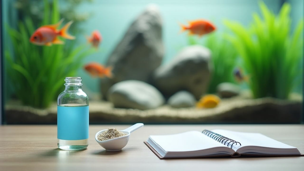 Aquarium parasite treatment and tracking setup with medication, dosage tool, and a healthy fish tank in natural lighting.