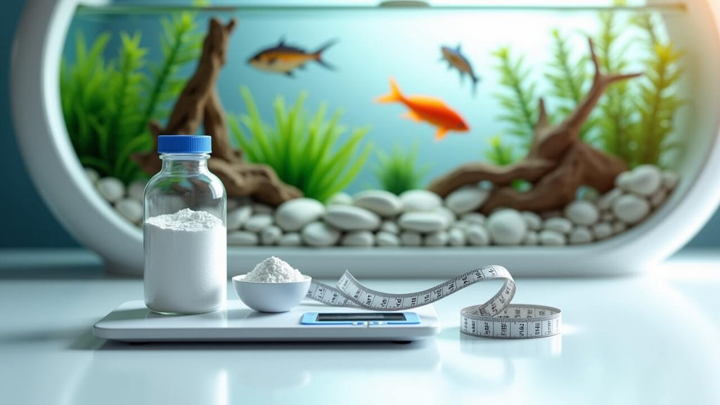 Aquarium medication dosage tools and clindamycin powder beside a modern, oddly-shaped fish tank with healthy tropical fish.