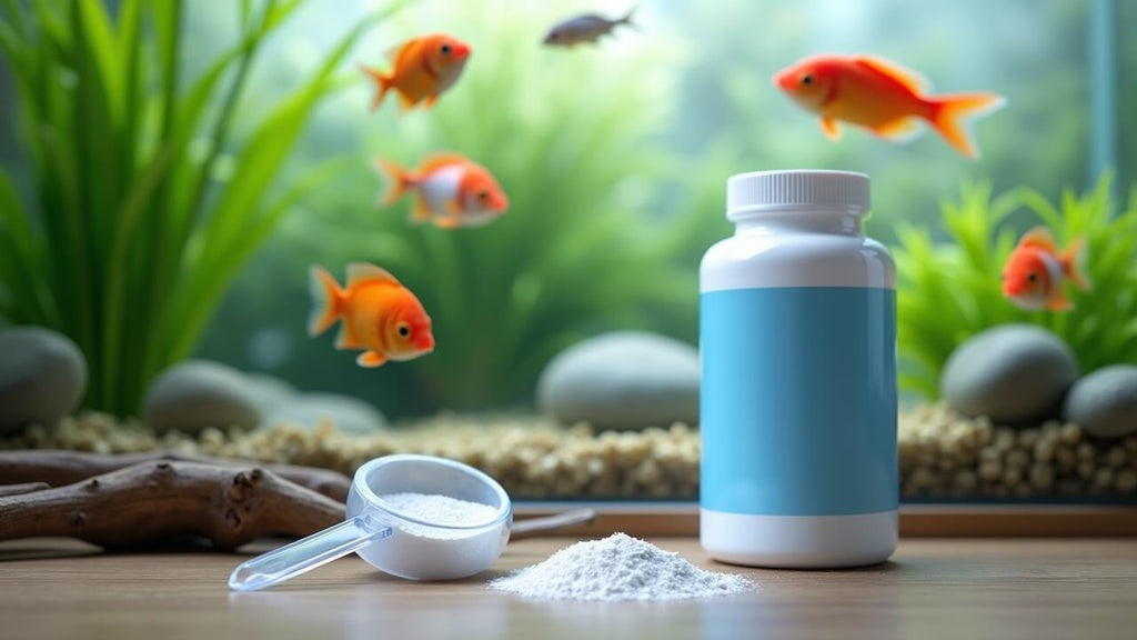 Photorealistic aquarium medicine bottle with ciprofloxacin near a healthy fish tank, clear water, and aquatic plants.