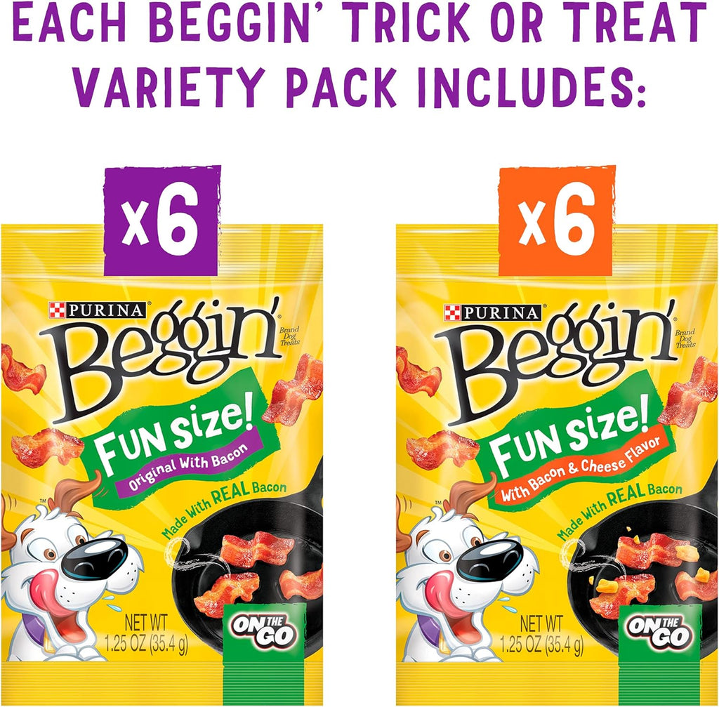 Purina Beggin’ Trick or Treat Variety Pack, Original with Bacon & with Bacon & Cheese Flavor - (12) 1.25 Oz. Pouches
