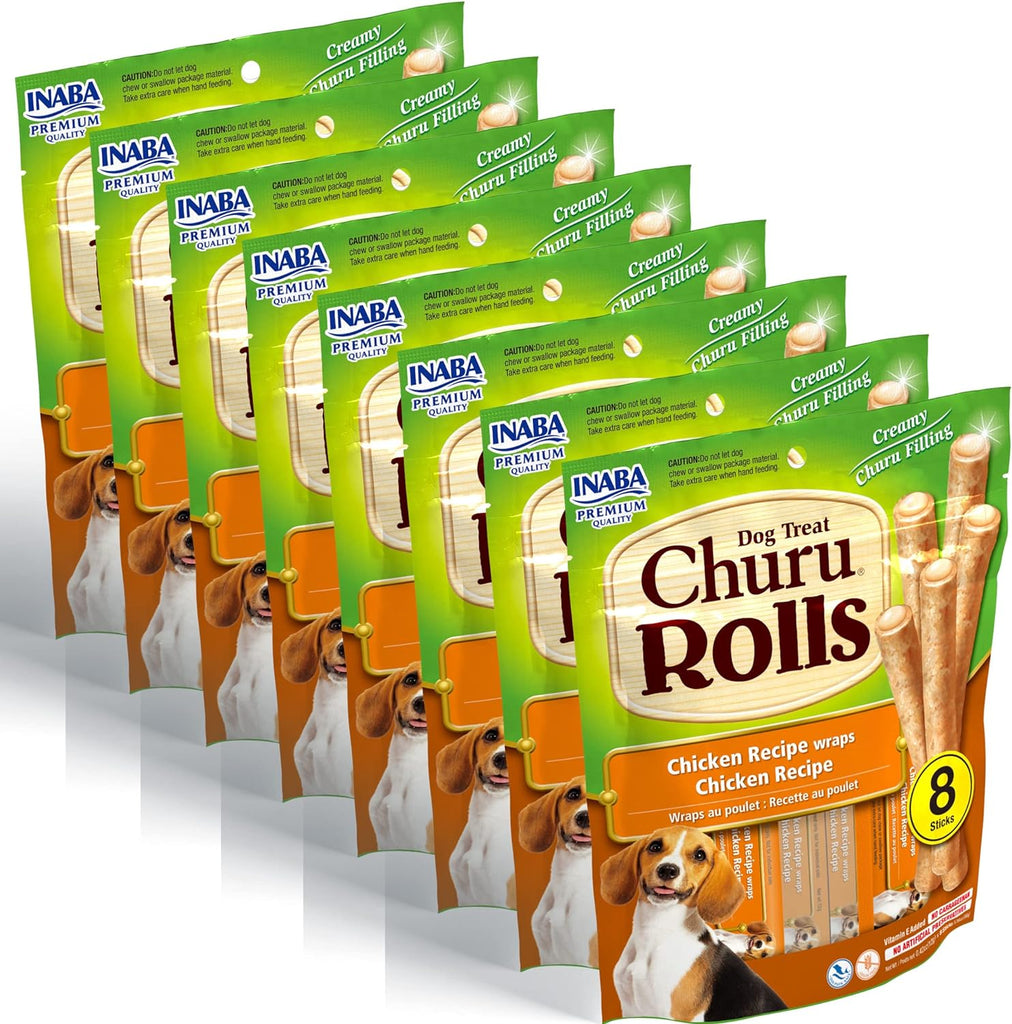 Inaba Churu Rolls for Dogs, Grain-Free, Soft/Chewy Baked Chicken Wrapped Churu Filled Dog Treats, 0.42 Ounces Each Stick| 64 Stick Treats Total (8 Sticks per Pack), Chicken with Salmon Recipe