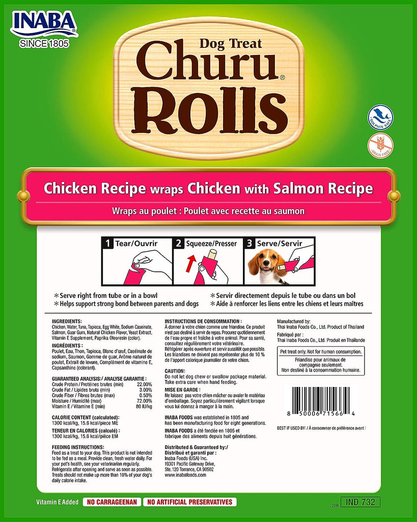 Inaba Churu Rolls for Dogs, Grain-Free, Soft/Chewy Baked Chicken Wrapped Churu Filled Dog Treats, 0.42 Ounces Each Stick| 64 Stick Treats Total (8 Sticks per Pack), Chicken with Salmon Recipe